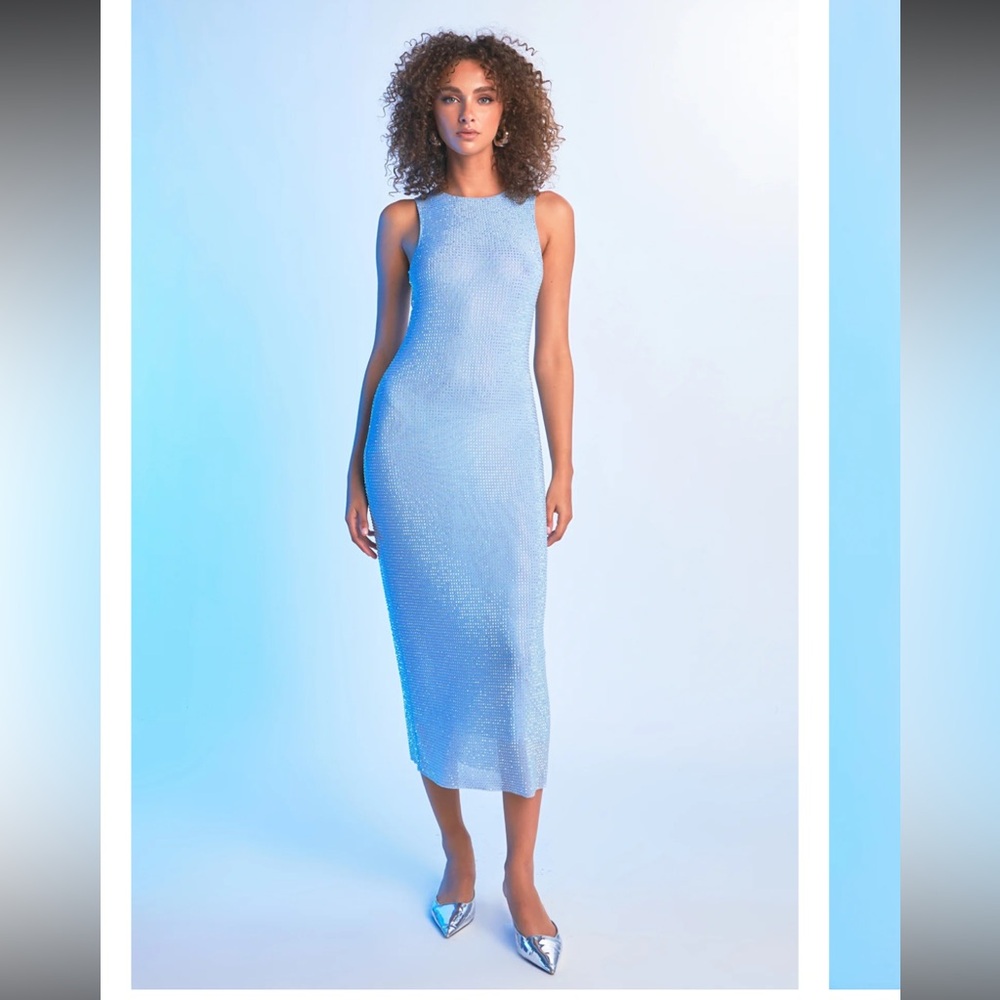 Sexy Endless Rose Blue Rhinestone Mesh MIDI Dress